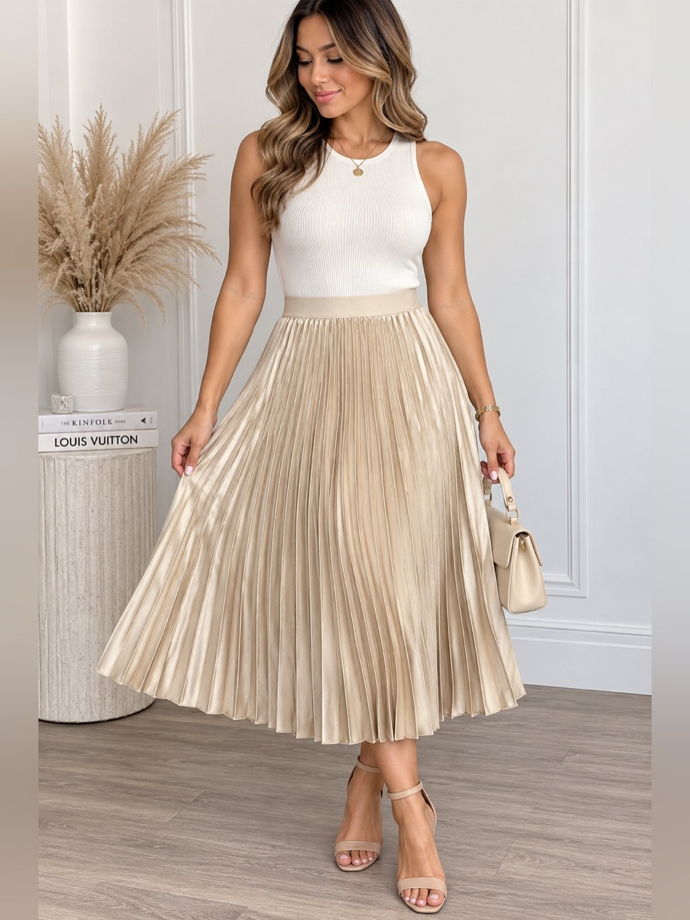 H&M Women’s Pleated Satin Midi Skirt Beige Champagne Size S